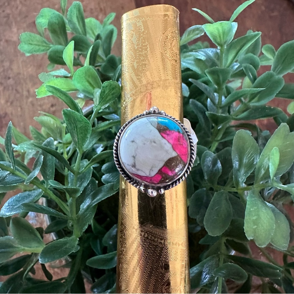 Sterling Silver 925 Cotton Candy Ring with White, Pink, & Blue Stone • Size: 7